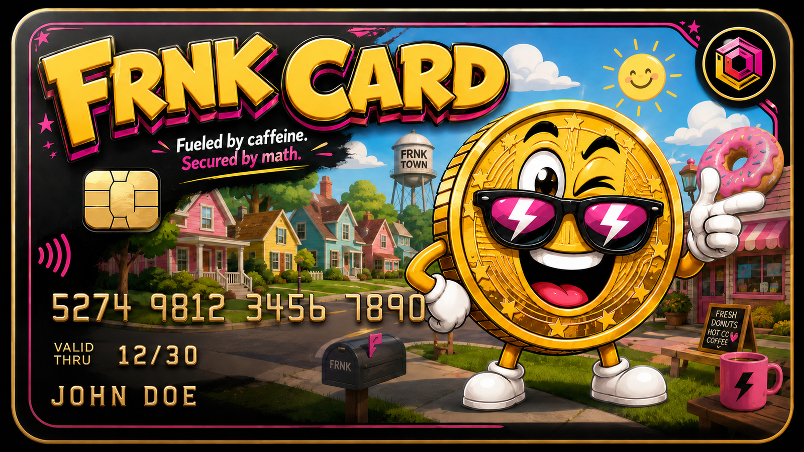 FRNK Card concept featuring the Frink Coin mascot and John Doe cardholder name